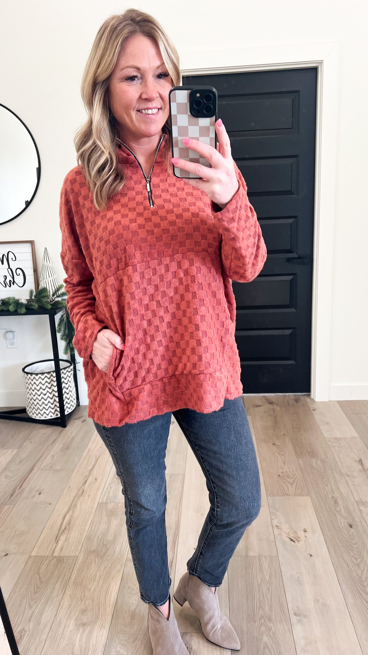 Checkered Half Zip Hoodie Pullover