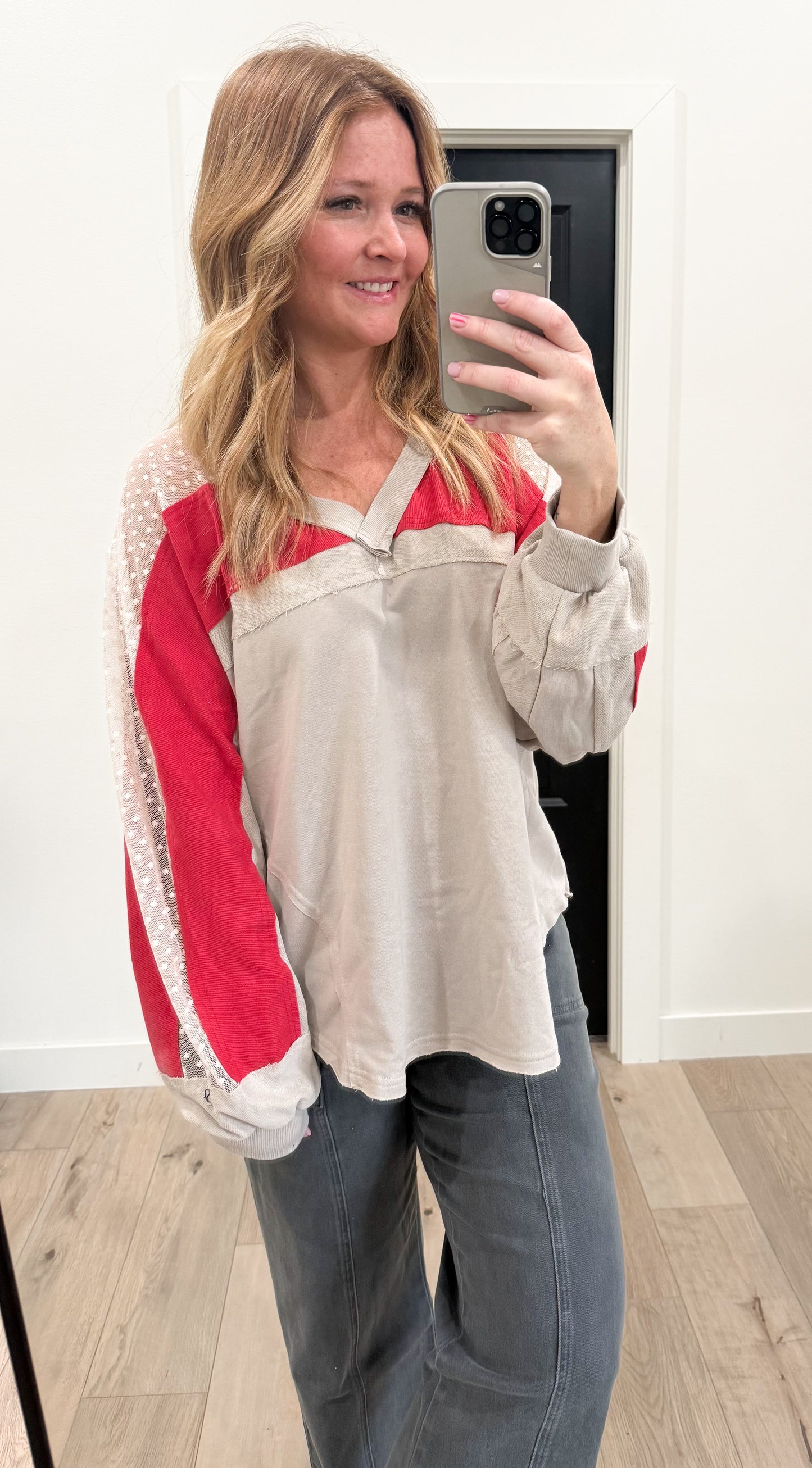 V Neck Exposed Seam Long Sleeve