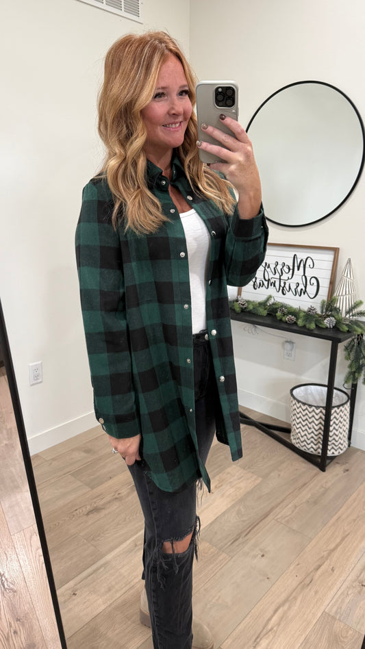 Green Plaid Button Snap Flannel