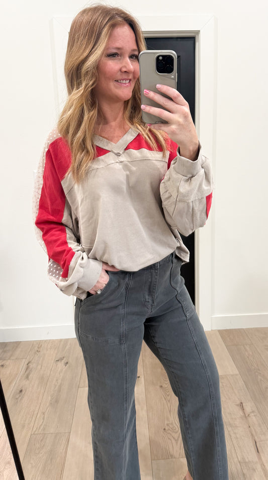 V Neck Exposed Seam Long Sleeve