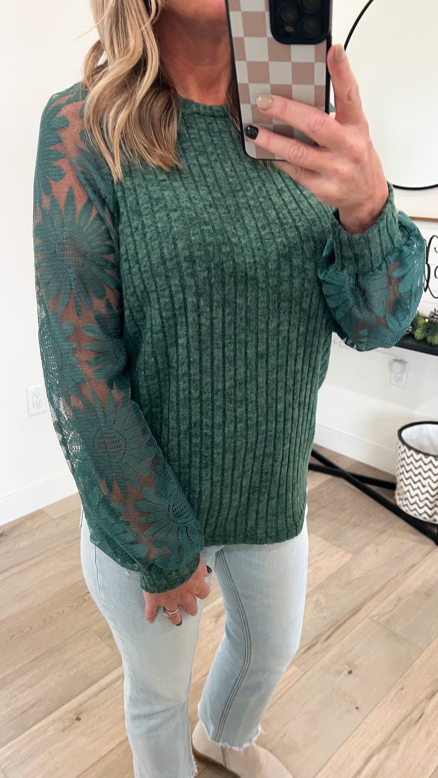 Ribbed Mesh Detail Long Sleeve