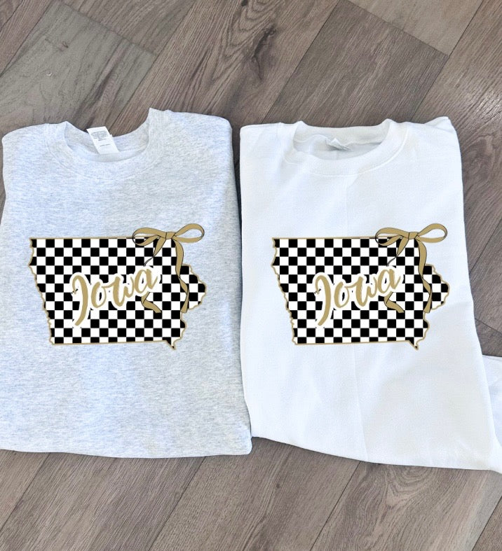 Checkered State of Iowa Bow Tee/Crew