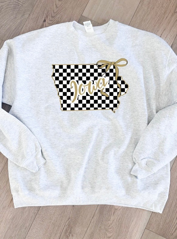 Checkered State of Iowa Bow Tee/Crew