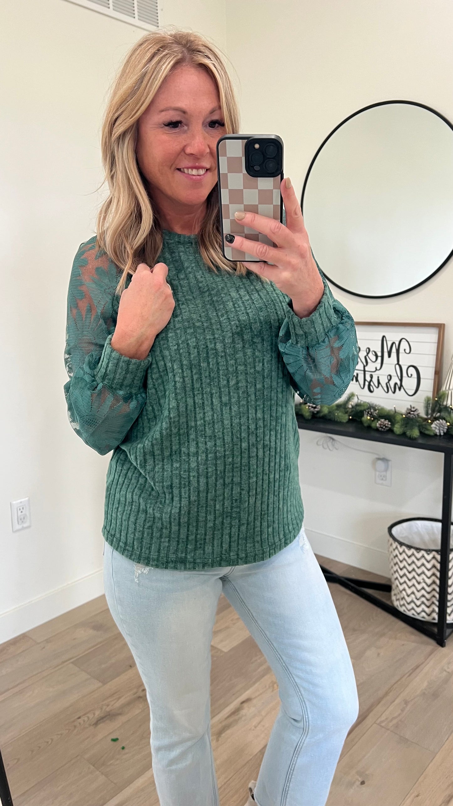 Ribbed Mesh Detail Long Sleeve