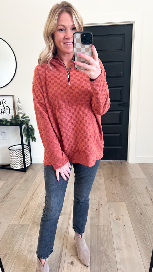 Checkered Half Zip Hoodie Pullover